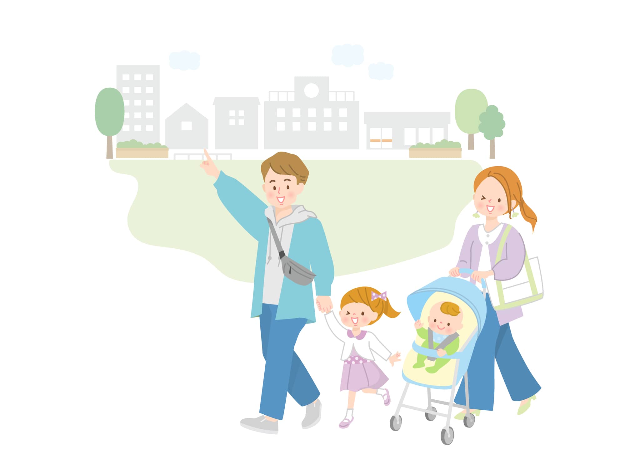 赤ちゃんをベビーカーに乗せてお出かけする4人家族